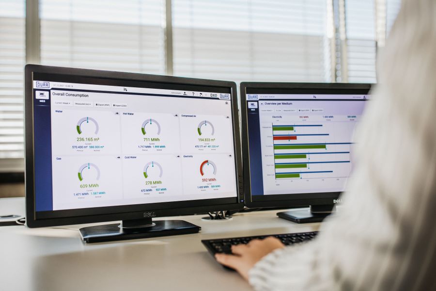 Computer screens showing energy metrics.