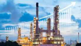 Oil gas refinery or petrochemical plant. Include arrow, graph or bar chart. Increase trend or growth of production, market price, demand, supply. Concept of business, industry, fuel, power energy.