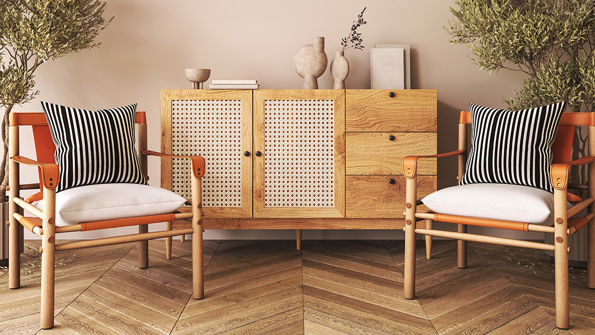 Japanese boho beige interior with armchair and commode background. Light modern natural Australian living room. 