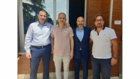 Photo of Captain Onur Yıldırım, APC global marine manager; Captain Gokhan Ergin, operation manager for Chemfleet; Captain Koray Karagoz, APC Turkey chief engineer; and Ersen Ucakhan of Chemfleet.